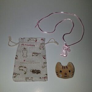 Kitty Cat Girl Child Jewelry Lot Tan Plush Pin Pink Plastic Necklace Burlap Bag